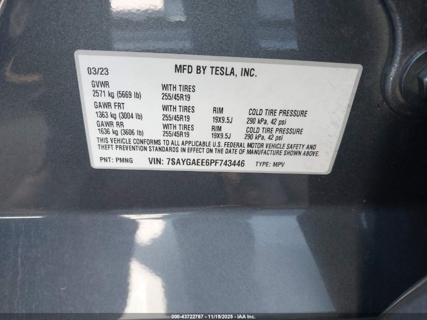 2023 Tesla Model Y Awd/Long Range Dual Motor All-Wheel Drive VIN: 7SAYGAEE6PF743446 Lot: 43722767