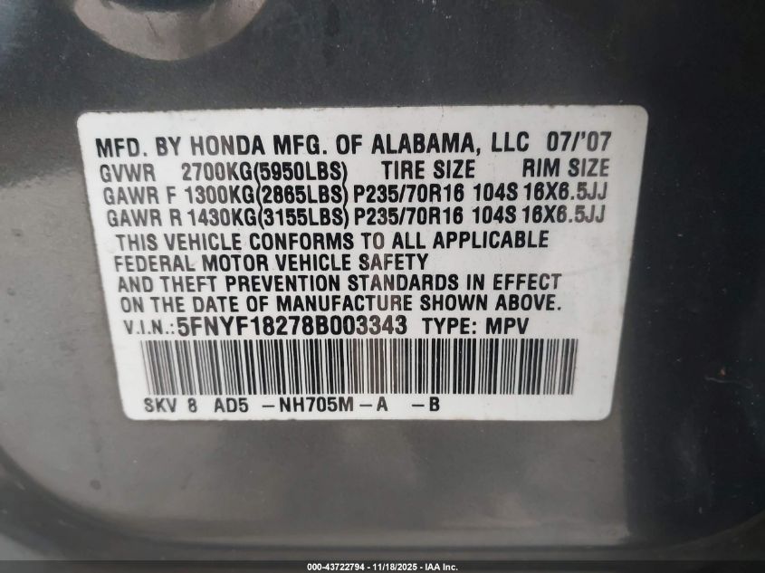 2008 Honda Pilot Vp VIN: 5FNYF18278B003343 Lot: 43722794