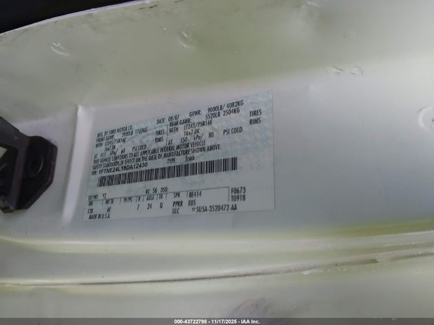 2008 Ford E-250 Commercial/Recreational VIN: 1FTNE24L18DA12430 Lot: 43722798