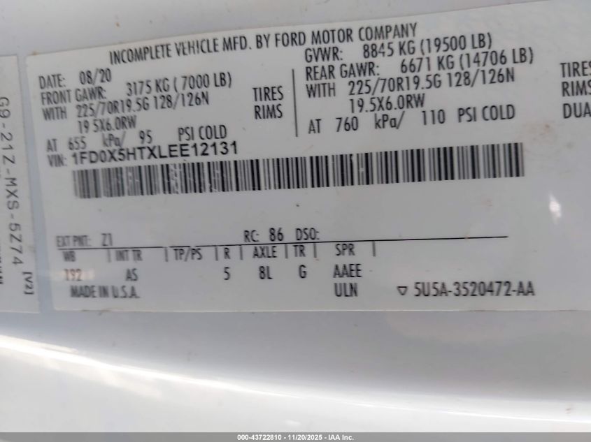 2020 Ford F-550 Chassis Xl VIN: 1FD0X5HTXLEE12131 Lot: 43722810