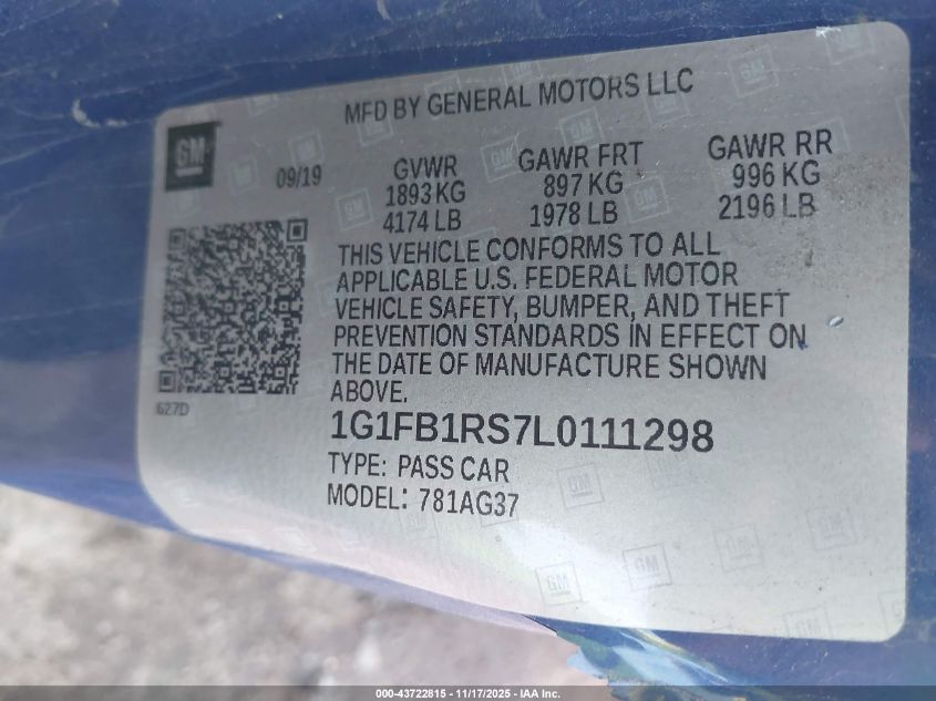 2020 Chevrolet Camaro Rwd 1Lt VIN: 1G1FB1RS7L0111298 Lot: 43722815