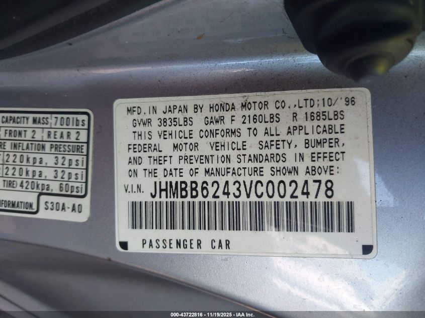 1997 Honda Prelude VIN: JHMBB6243VC002478 Lot: 43722816