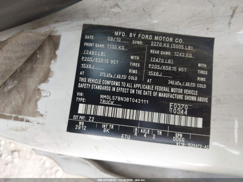 2011 Ford Transit Connect Xlt VIN: NM0LS7BN3BT043111 Lot: 43722835