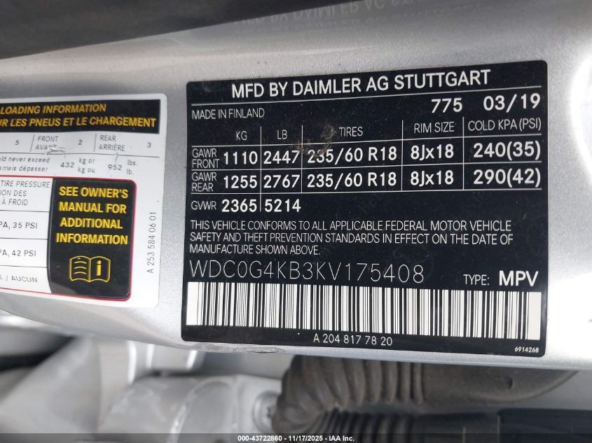 2019 Mercedes-Benz Glc 300 4Matic VIN: WDC0G4KB3KV175408 Lot: 43722860