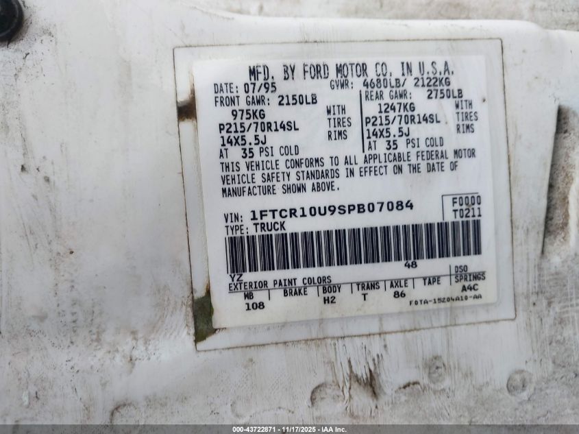 1995 Ford Ranger VIN: 1FTCR10U9SPB07084 Lot: 43722871