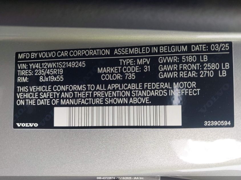 2025 Volvo V60 Cross Country B5 Plus VIN: YV4L12WK1S2149245 Lot: 43722874