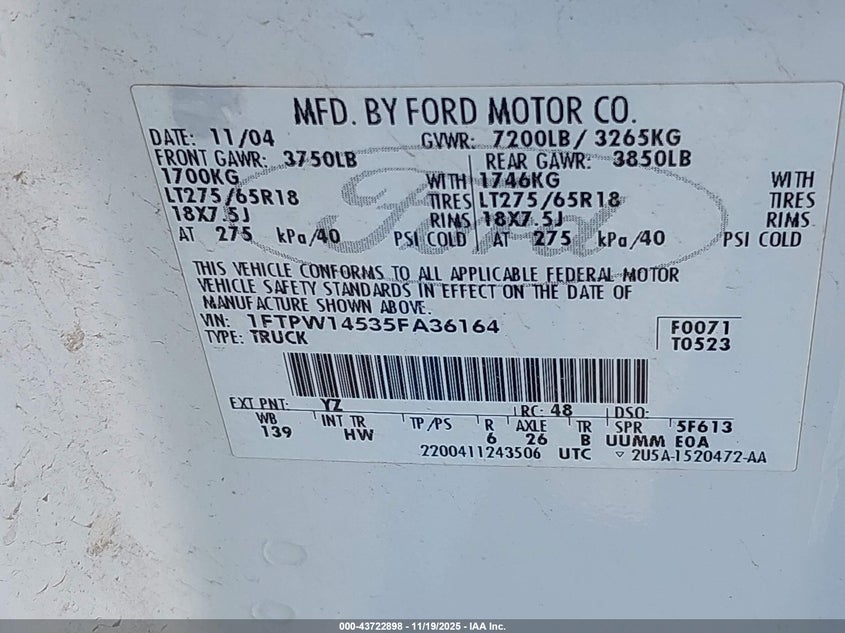 1FTPW14535FA36164 2005 FORD F-150 photo no. 9