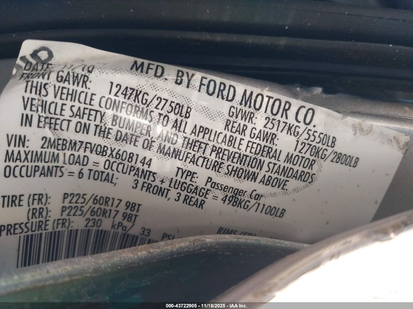 2011 Mercury Grand Marquis Ls (Fleet Only) VIN: 2MEBM7FV0BX60814 Lot: 43722905