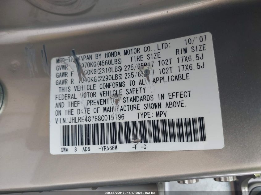 2008 Honda Cr-V Ex-L VIN: JHLRE48788C015196 Lot: 43722917