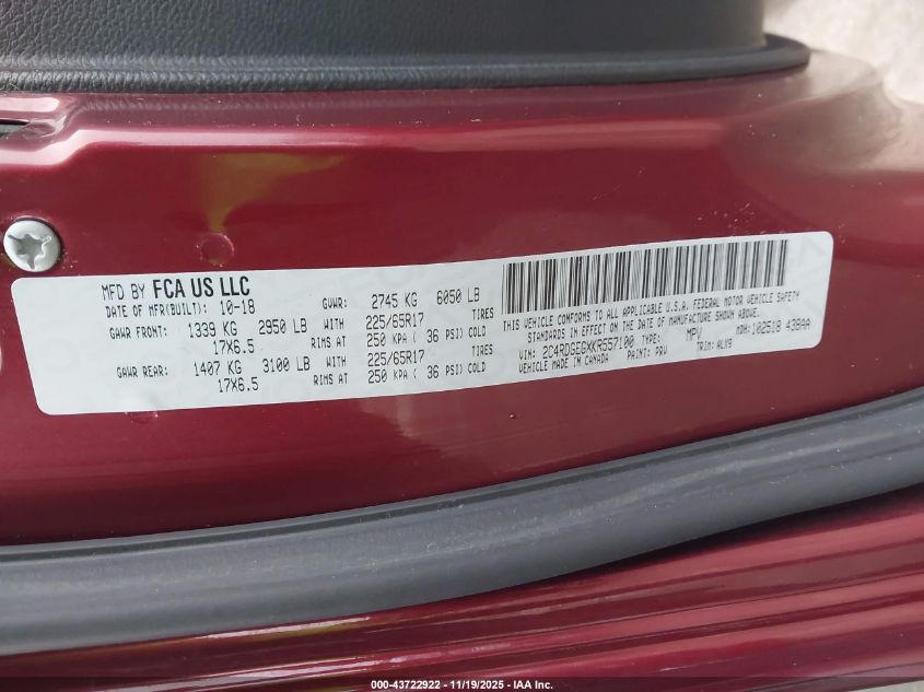 2019 Dodge Grand Caravan Gt VIN: 2C4RDGEGXKR557100 Lot: 43722922