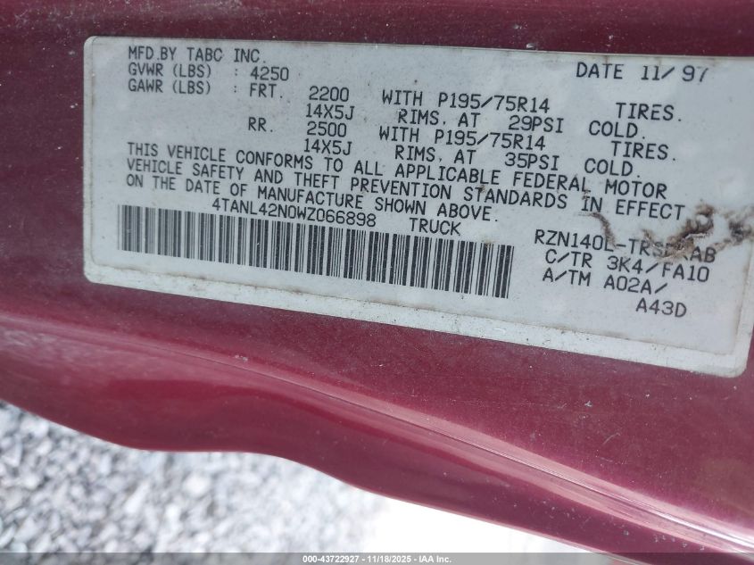 1998 Toyota Tacoma VIN: 4TANL42N0WZ066898 Lot: 43722927