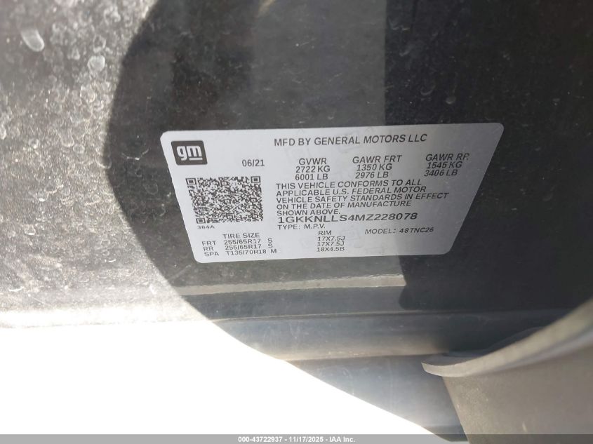 2021 GMC Acadia Awd At4 VIN: 1GKKNLLS4MZ228078 Lot: 43722937