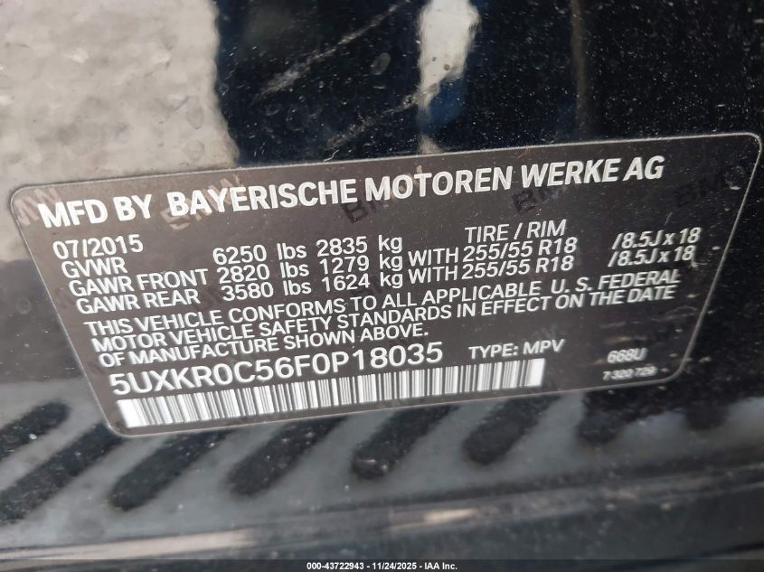 2015 BMW X5 xDrive35I VIN: 5UXKR0C56F0P18035 Lot: 43722943