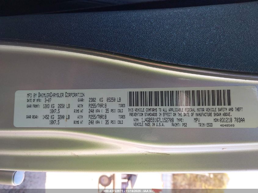 2007 Jeep Wrangler Unlimited Sahara VIN: 1J4GB59167L152708 Lot: 43722971