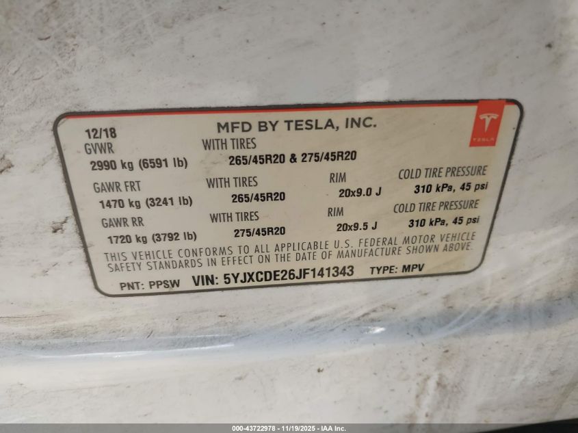 2018 Tesla Model X 100D/75D/P100D VIN: 5YJXCDE26JF141343 Lot: 43722978