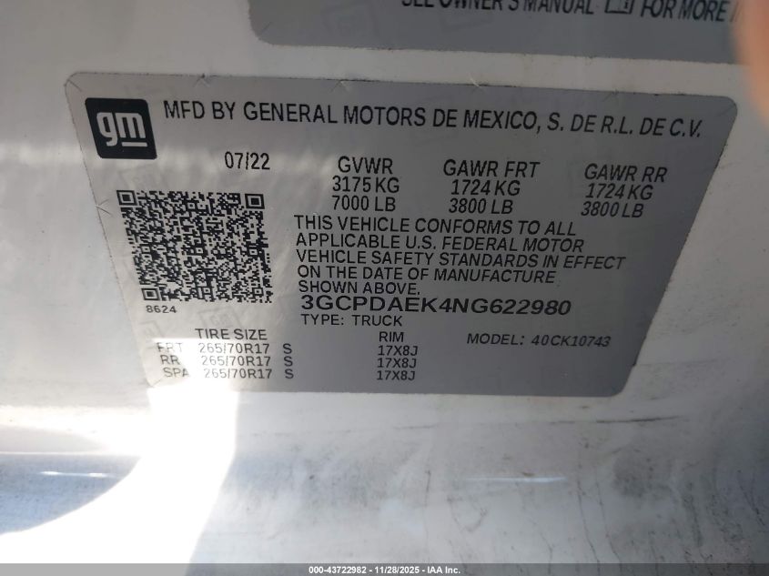 2022 Chevrolet Silverado 1500 4Wd Standard Bed Wt VIN: 3GCPDAEK4NG622980 Lot: 43722982