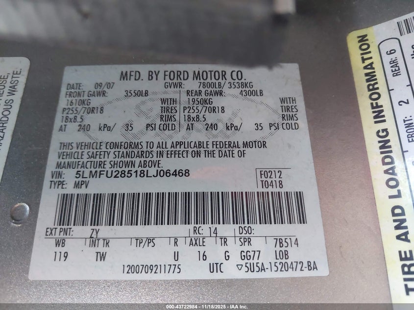 2008 Lincoln Navigator VIN: 5LMFU28518LJ06468 Lot: 43722984