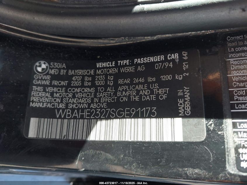 1995 BMW 530 I Automatic VIN: WBAHE2327SGE91173 Lot: 43723017