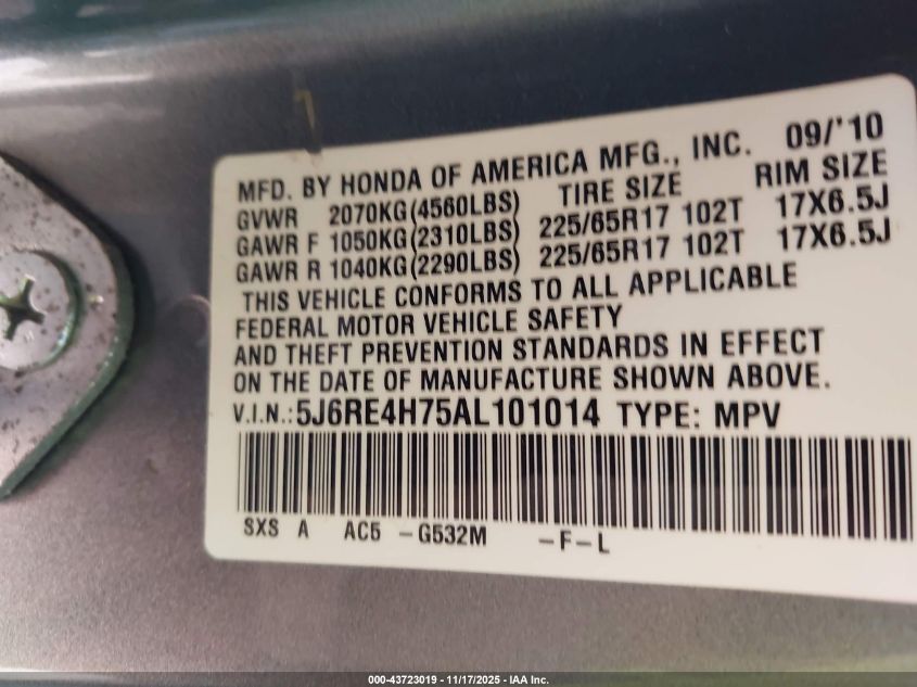 2010 Honda Cr-V Ex-L VIN: 5J6RE4H75AL101014 Lot: 43723019