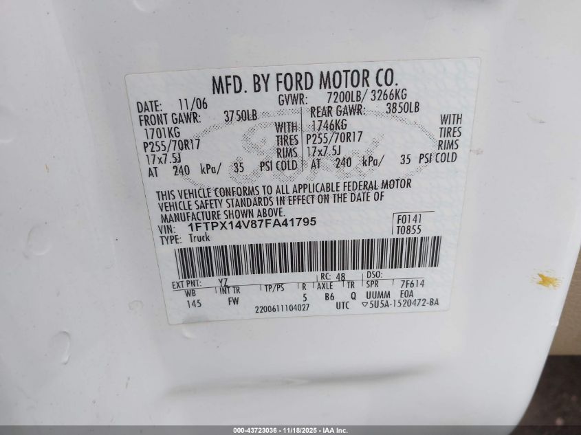 2007 Ford F-150 Fx4/Lariat/Xl/Xlt VIN: 1FTPX14V87FA41795 Lot: 43723036