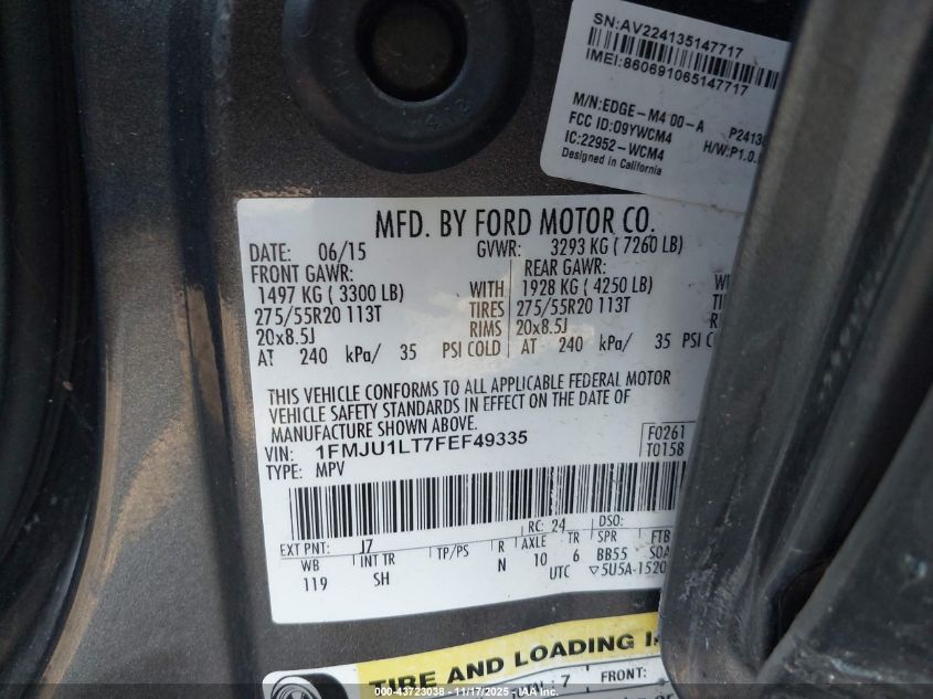 2015 Ford Expedition Platinum VIN: 1FMJU1LT7FEF49335 Lot: 43723038