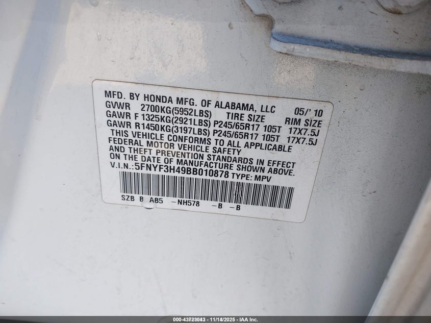 5FNYF3H49BB010878 2011 HONDA PILOT photo no. 9