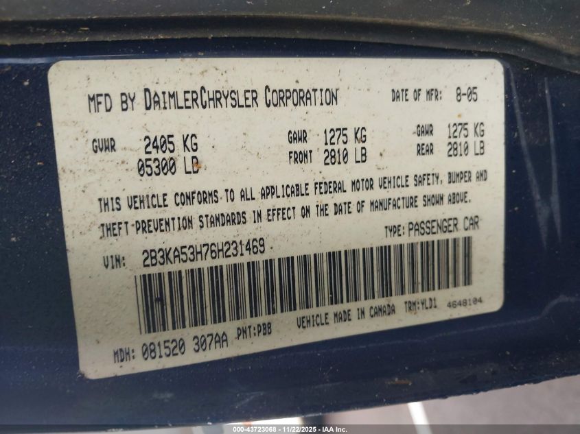 2006 Dodge Charger Rt VIN: 2B3KA53H76H231469 Lot: 43723068