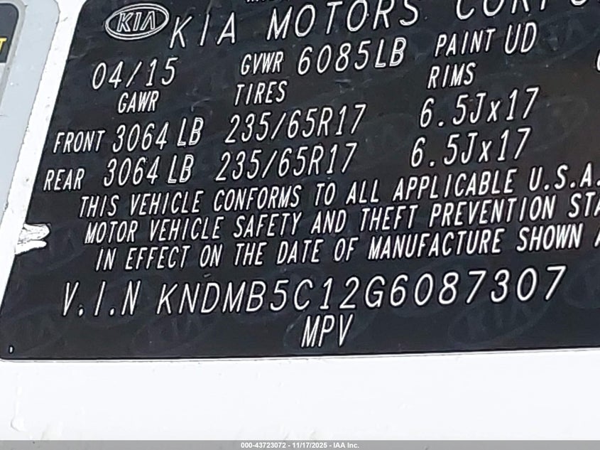 2016 Kia Sedona Lx VIN: KNDMB5C12G6087307 Lot: 43723072