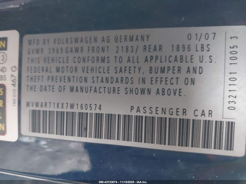 2007 Volkswagen Rabbit 2-Door VIN: WVWAR71KX7W160574 Lot: 43723074