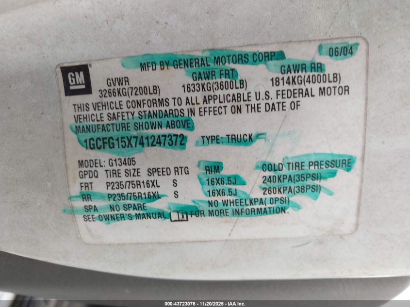 2004 Chevrolet Express VIN: 1GCFG15X741247372 Lot: 43723076
