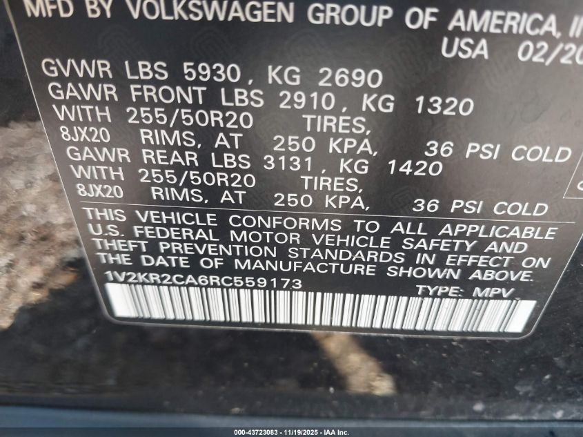 2024 Volkswagen Atlas 2.0T Se W/Technology VIN: 1V2KR2CA6RC559173 Lot: 43723083