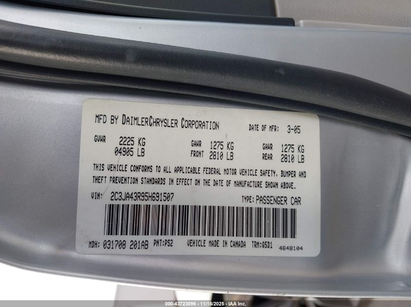2005 Chrysler 300 VIN: 2C3JA43R95H691507 Lot: 43723096