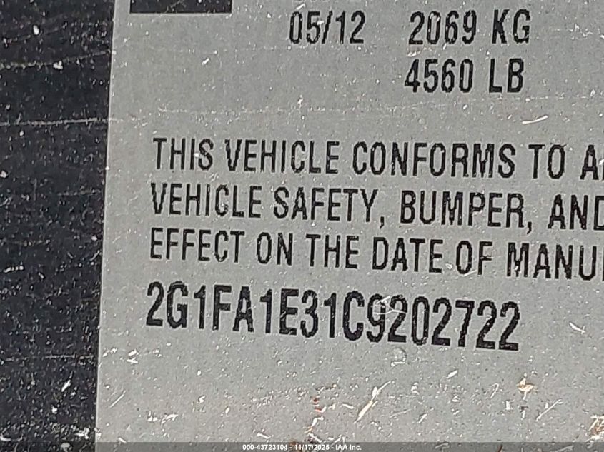 2012 Chevrolet Camaro 2Ls VIN: 2G1FA1E31C9202722 Lot: 43723104