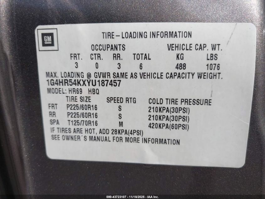 2000 Buick Lesabre Limited VIN: 1G4HR54KXYU187457 Lot: 43723107