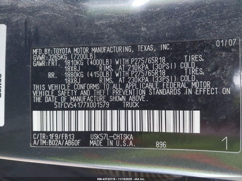 2007 Toyota Tundra Sr5 5.7L V8 VIN: 5TFCV54177X001579 Lot: 43723115