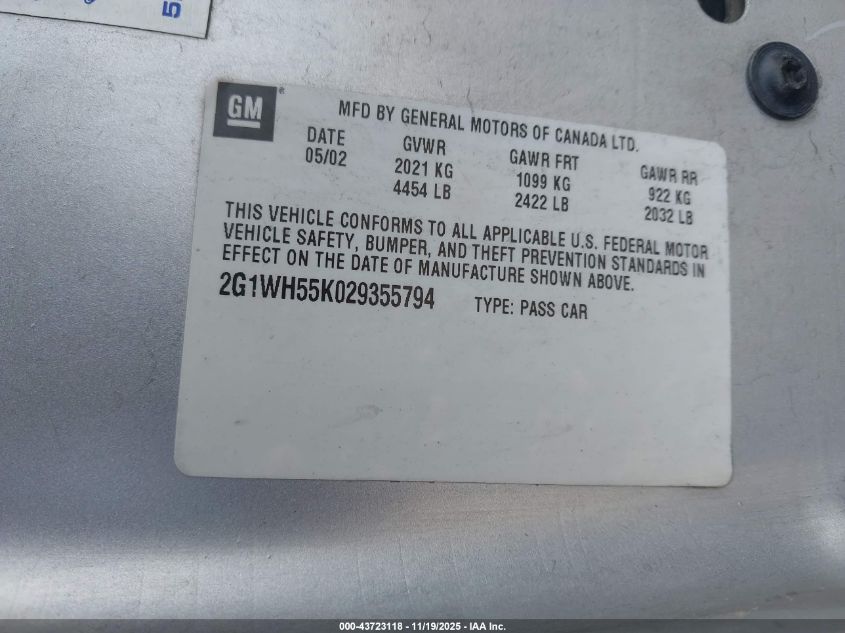 2002 Chevrolet Impala Ls VIN: 2G1WH55K029355794 Lot: 43723118