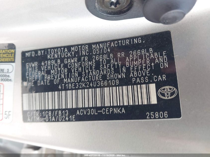 2004 Toyota Camry Le VIN: 4T1BE32K24U366109 Lot: 43723119