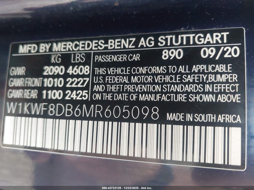 2021 Mercedes-Benz C 300 Sedan VIN: W1KWF8DB6MR605098 Lot: 43723129