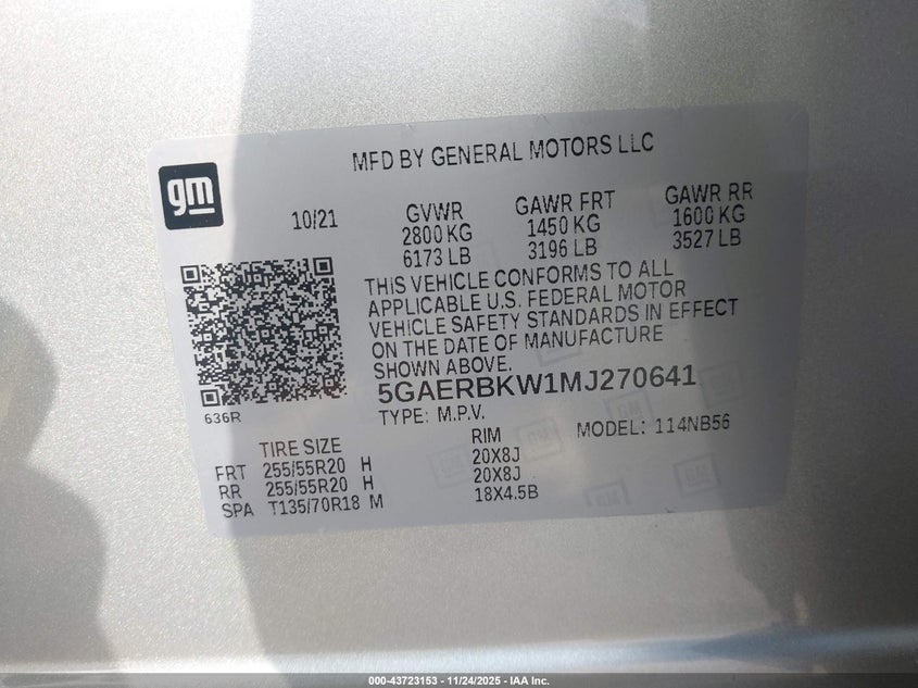 2021 Buick Enclave Fwd Essence VIN: 5GAERBKW1MJ270641 Lot: 43723153