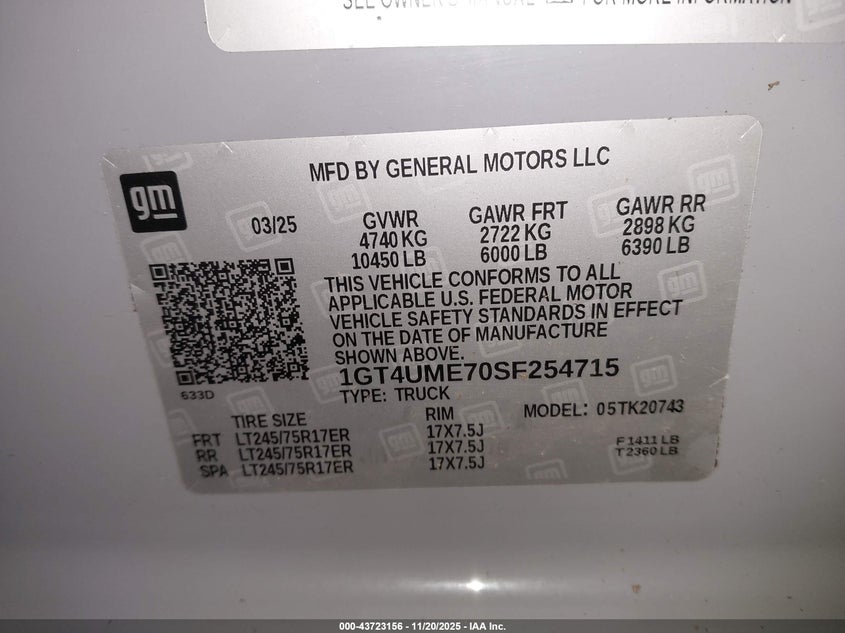 2025 GMC Sierra 2500Hd 4Wd Standard Bed Sle VIN: 1GT4UME70SF254715 Lot: 43723156