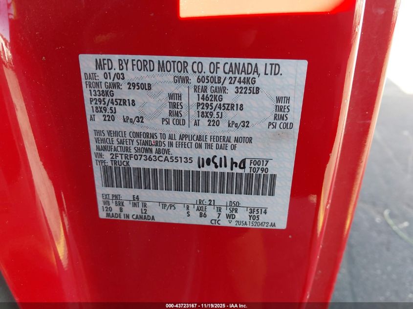 2003 Ford F-150 Lightning VIN: 2FTRF07363CA55135 Lot: 43723167