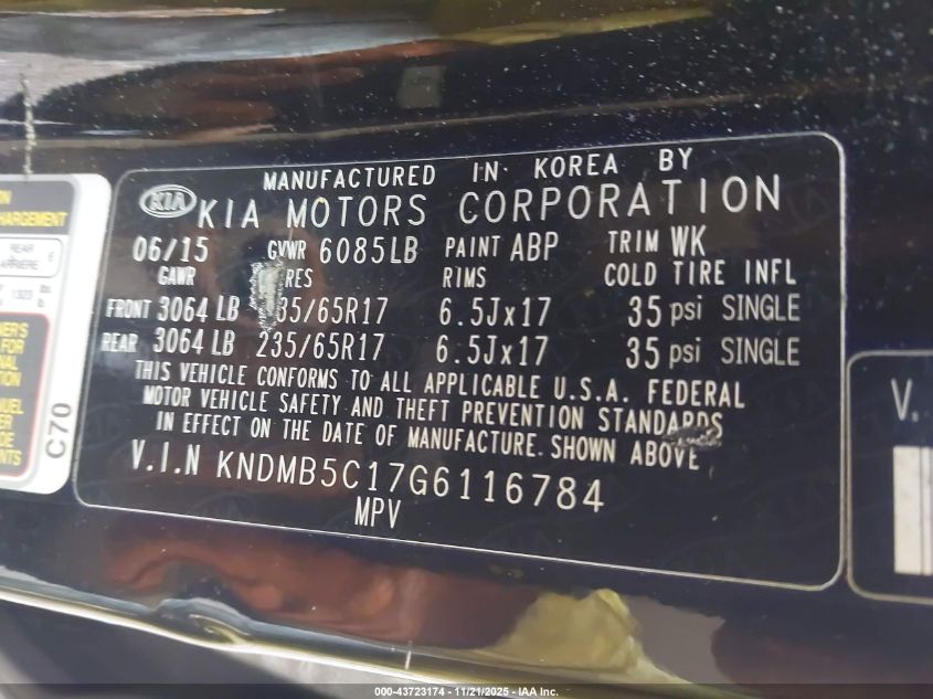 2016 Kia Sedona Lx VIN: KNDMB5C17G6116784 Lot: 43723174