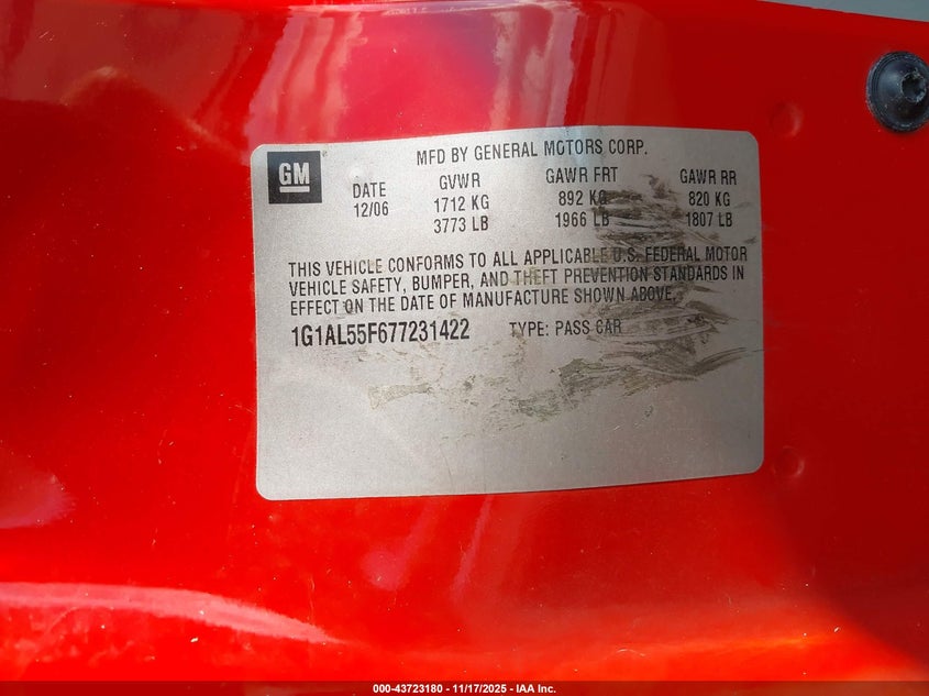 2007 Chevrolet Cobalt Lt VIN: 1G1AL55F677231422 Lot: 43723180