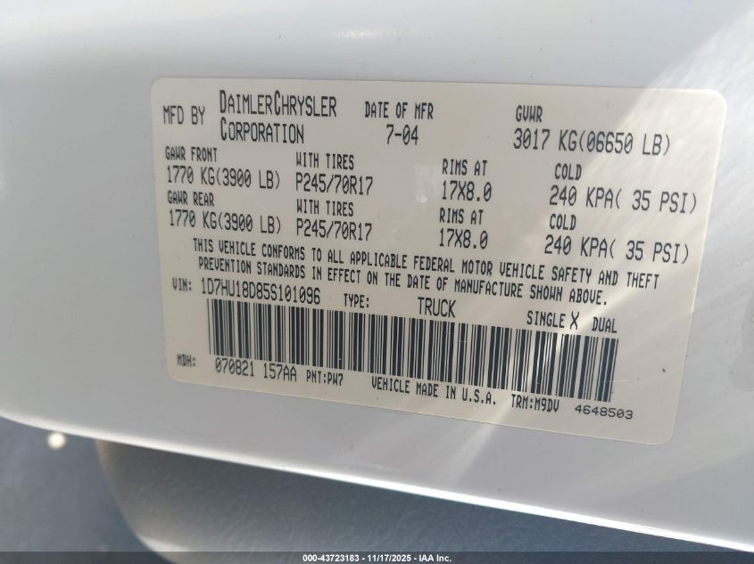 2005 Dodge Ram 1500 Slt/Laramie VIN: 1D7HU18D85S101096 Lot: 43723183