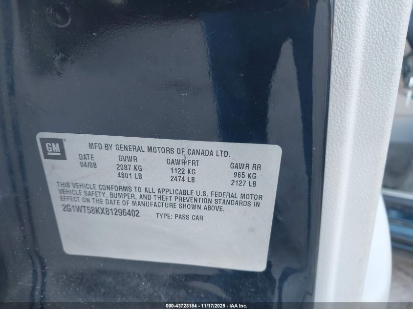 2008 Chevrolet Impala Lt VIN: 2G1WT58KX81296402 Lot: 43723184