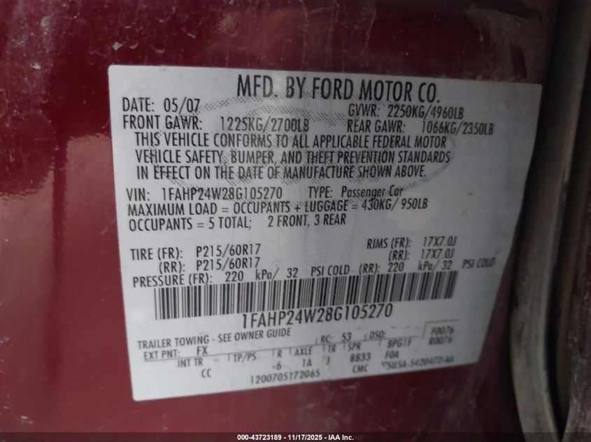 2008 Ford Taurus Sel VIN: 1FAHP24W28G105270 Lot: 43723189