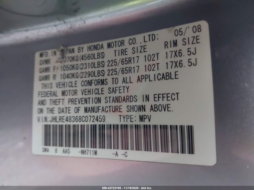 2008 Honda Cr-V Lx VIN: JHLRE48368C072459 Lot: 43723195