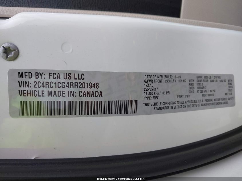 2024 Chrysler Voyager Lx VIN: 2C4RC1CG4RR201948 Lot: 43723220