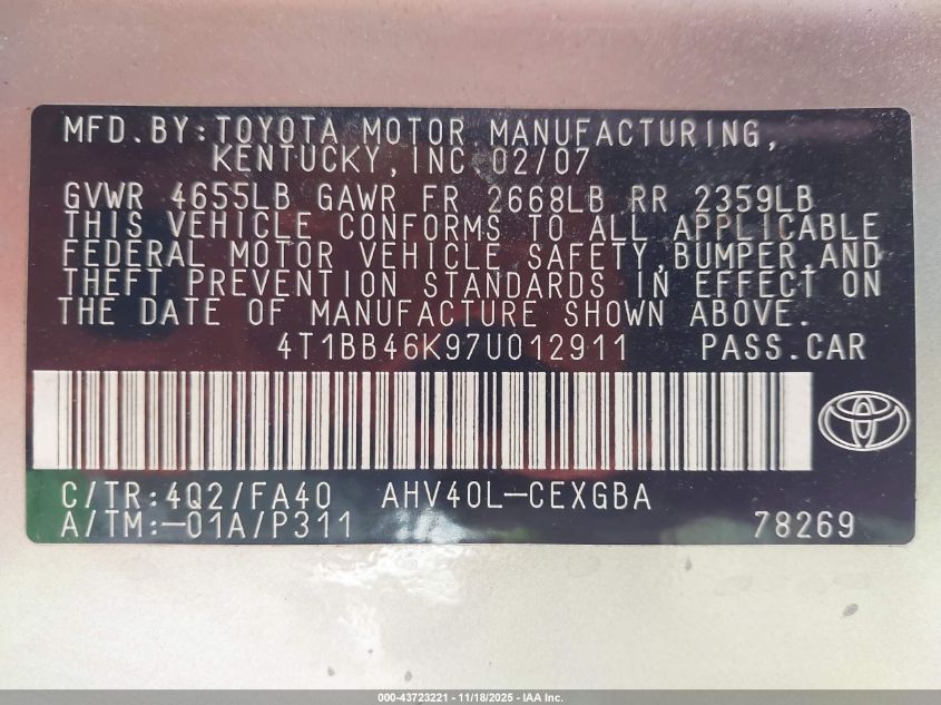 2007 Toyota Camry Hybrid VIN: 4T1BB46K97U012911 Lot: 43723221