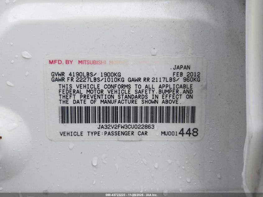2012 Mitsubishi Lancer Se VIN: JA32V2FW3CU022863 Lot: 43723223